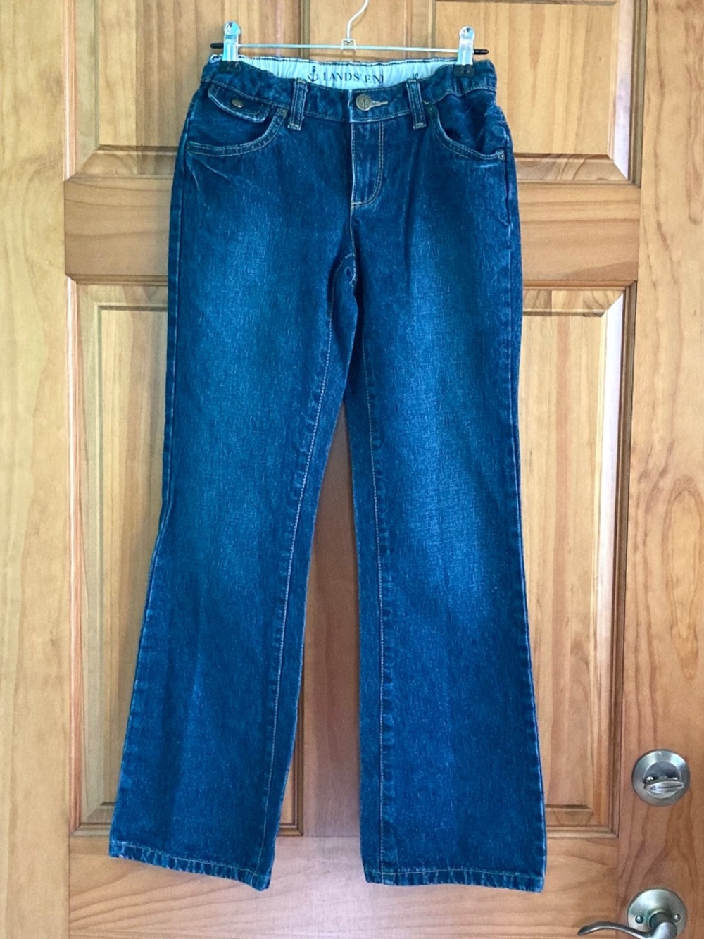 Girl’s size 10 Lands’ End gently used classic blue jeans with adjustable waist